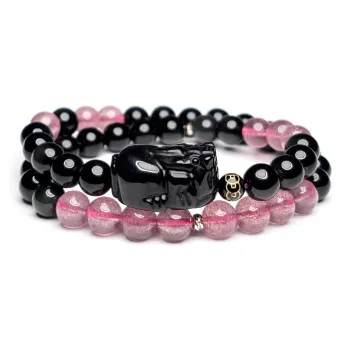 MOUNTAINS AND MANS Natural Obsidian New Chinese Style Stackable Good Luck Beaded Bracelet Unisex