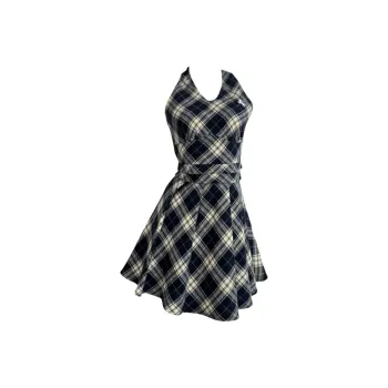 XIAOJUCHUANLI Sleeveless Dress Women's Black White Plaid