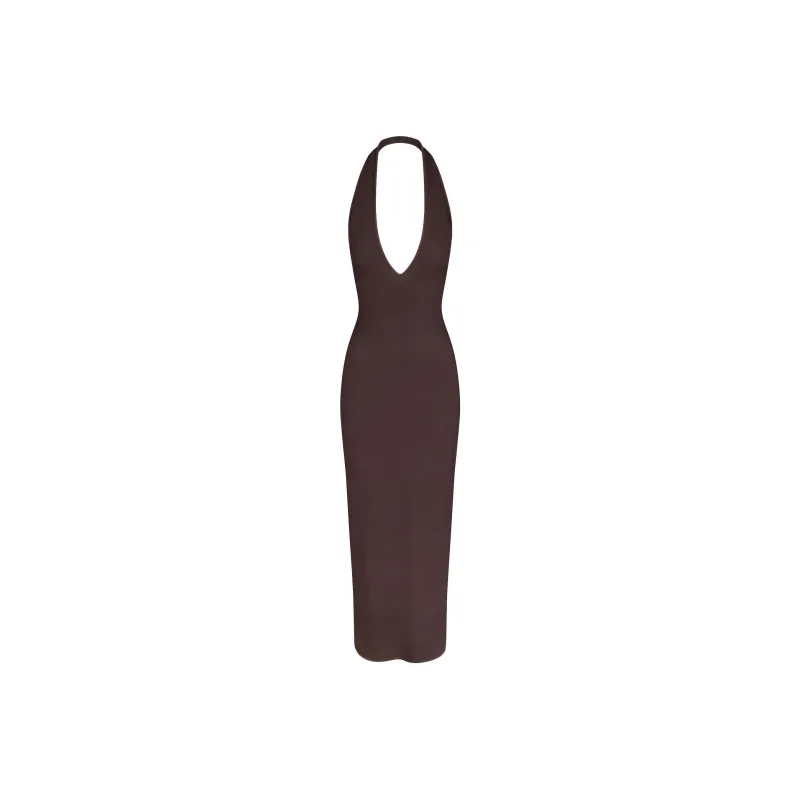 SKIMS SOFT LOUNGE DEEP PLUNGE HALTER LONG DRESS Sleeveless Dress Women's PHOENIX/Patina-0