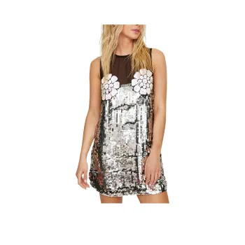 NASTY GAL Placement Floral Sequin Bust Dress Sleeveless Dress Women's Silver