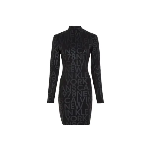 CK/Calvin Klein All Over Logo Mini Dress Long Sleeved Dress Women's Black