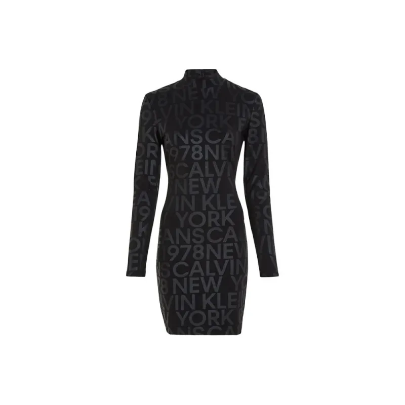 CK/Calvin Klein All Over Logo Mini Dress Long Sleeved Dress Women's Black-0