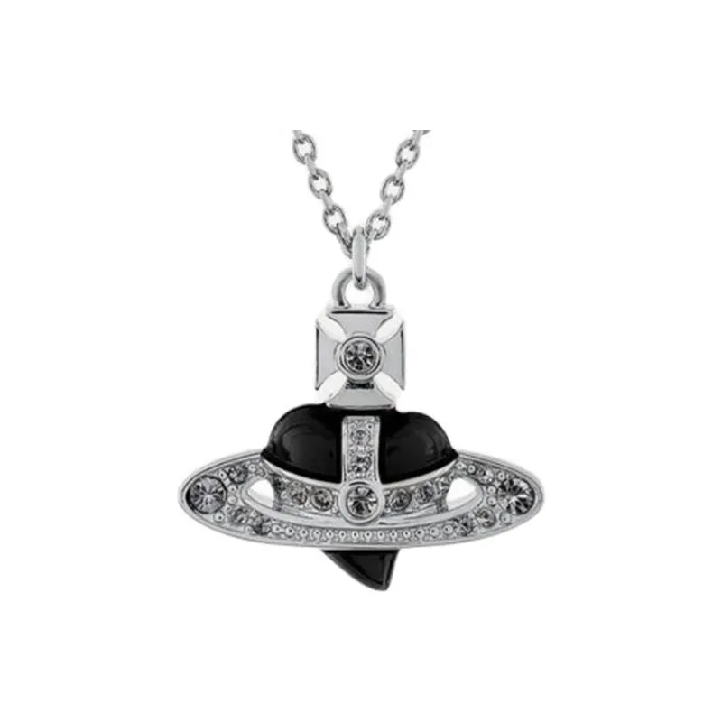 Vivienne Westwood Enamel Brass Heart Saturn Styling Necklace Unisex Silver/Black-2