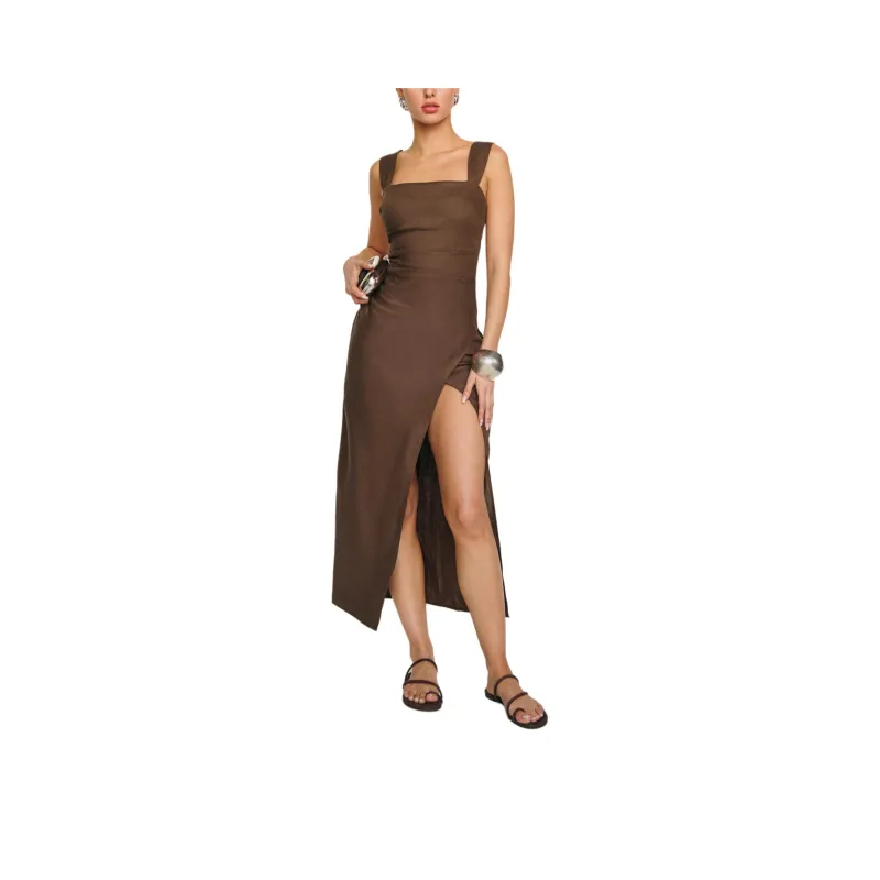 REFORMATION Clement Linen Dress Slip Dress Women's Chocolate-0