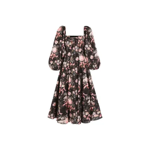 Selkie Collection Long Sleeved Dress Women's Black With Pink Satin Ribbon Rose Print
