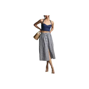 REFORMATION Orzo Linen Two-Piece Set Skirt Set Women's Marine Blue/Black White