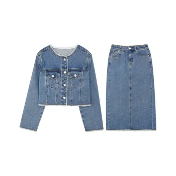 3COLOUR Casual Suits Women's Set Blue Black Jacket+Skirt