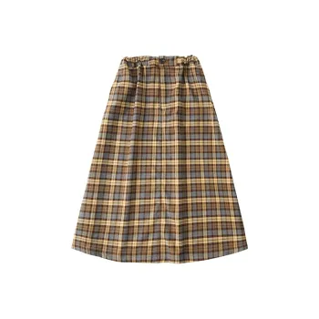 UNRETRO Casual Long Skirts Women's Brown Plaid