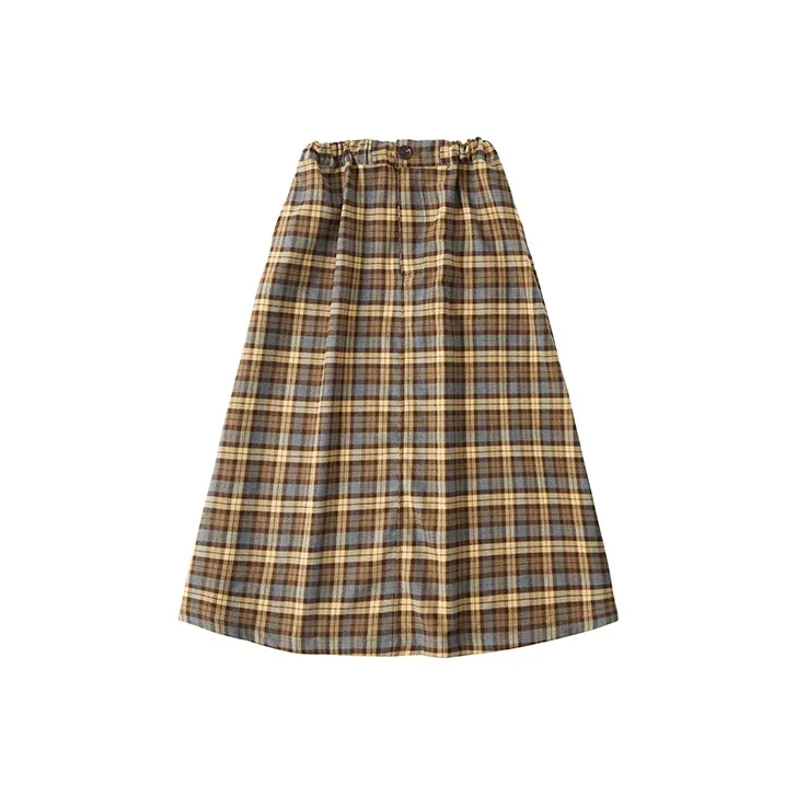UNRETRO Casual Long Skirts Women's Brown Plaid-0