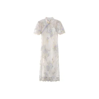 JINYE ORIENTAL Low Slit Short Sleeved Cheongsam Women's Moon White