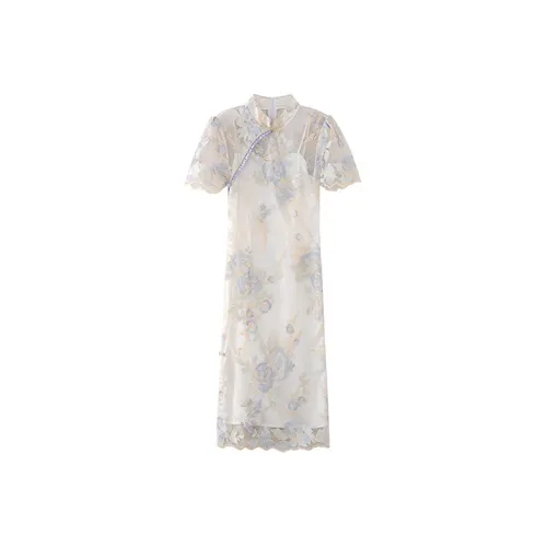JINYE ORIENTAL Low Slit Short-Sleeved Cheongsam Women's Moon White