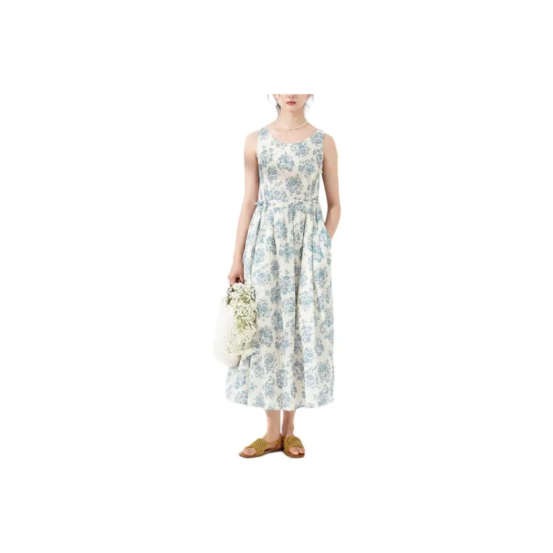 ZIMO Sleeveless Dress Women's Blue Floral Pattern-0