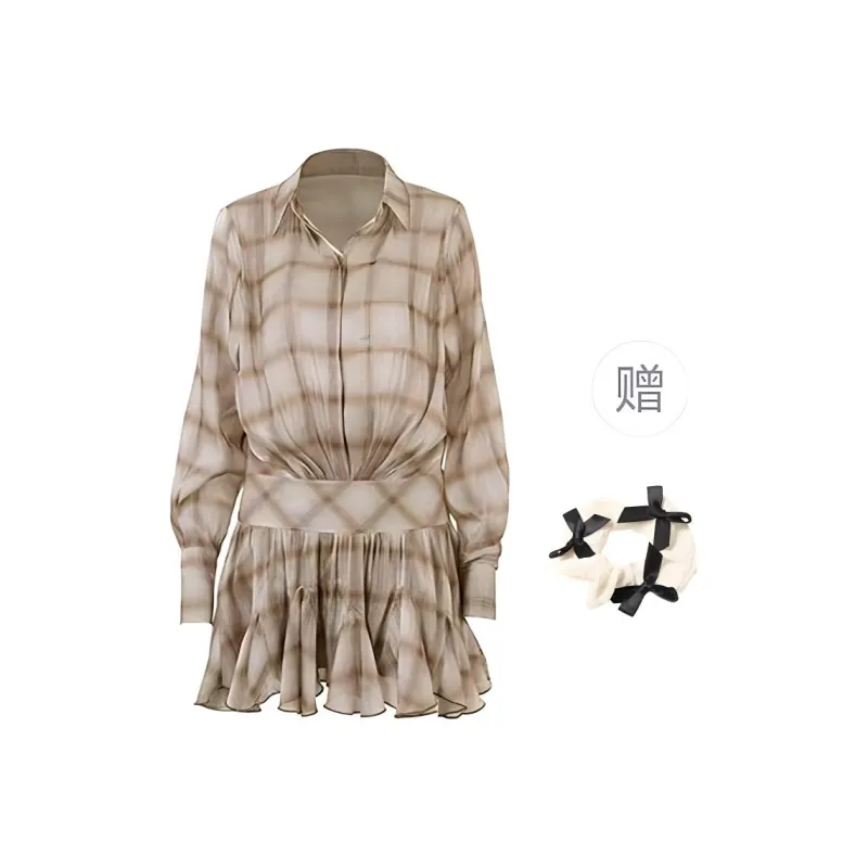 TURN UP Long Sleeved Dresses Women's Khaki+Bowknot Hair Tie Comes With-0
