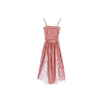 ZVJH Slip Dresses Women's Red White Plaid