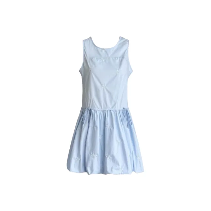 TIBINB Sleeveless Dress Women's Milk Blue Embroidery Bowknot-0