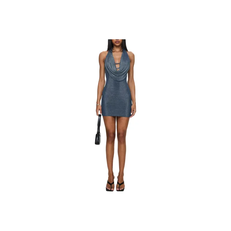 PRINCESS POLLY BIG DEAL HALTER MINI DRESS Slip Dress Women's BLUE GLITTER/Blue Shimmery-0