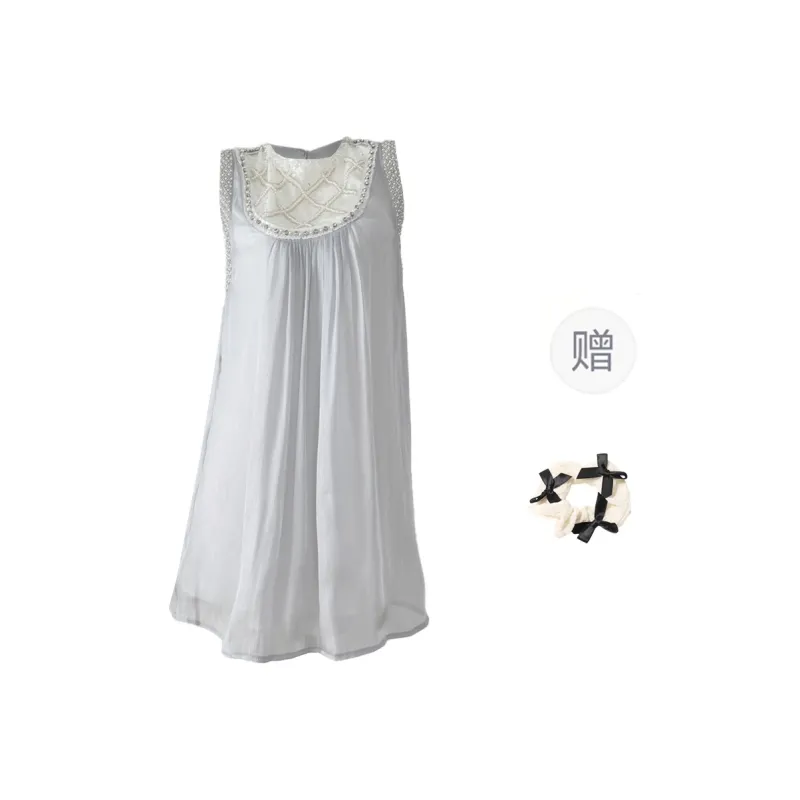 XUOIZA Sleeveless Dress Women's Shimmering Blue+Bowknot Hair Tie Comes With-0