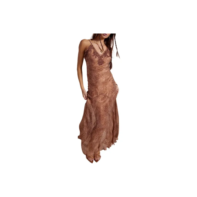 FREE PEOPLE Nigel Preston Siren Dress Slip Dresses Women's Brown Spotted-0