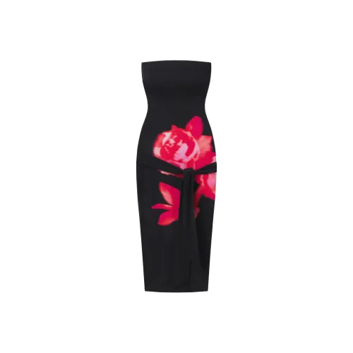 Khy x IOANNES FW24 Smooth Stretch Strapless Midi Dress Sleeveless Dress Women's Black Peony