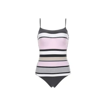 Selmark Women's Summer Classic Striped Beach Vacation Slimming Embossed One Piece Swimsuit Black&Pink