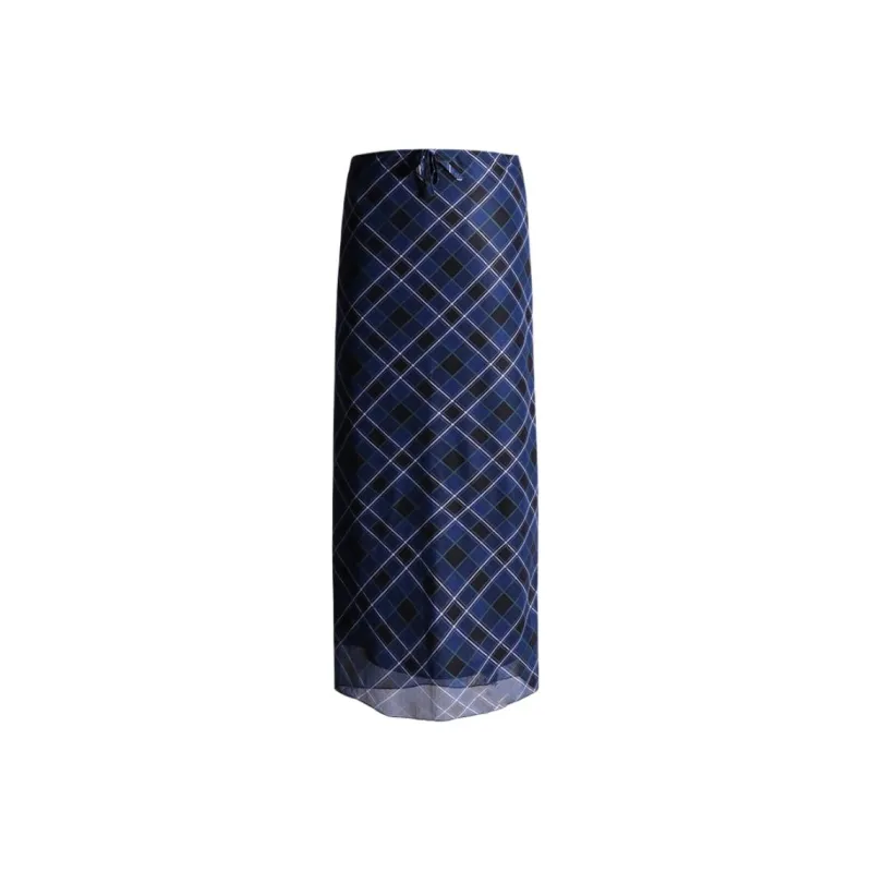 ZAVK Casual Long Skirts Women's Dark Blue Plaid-0