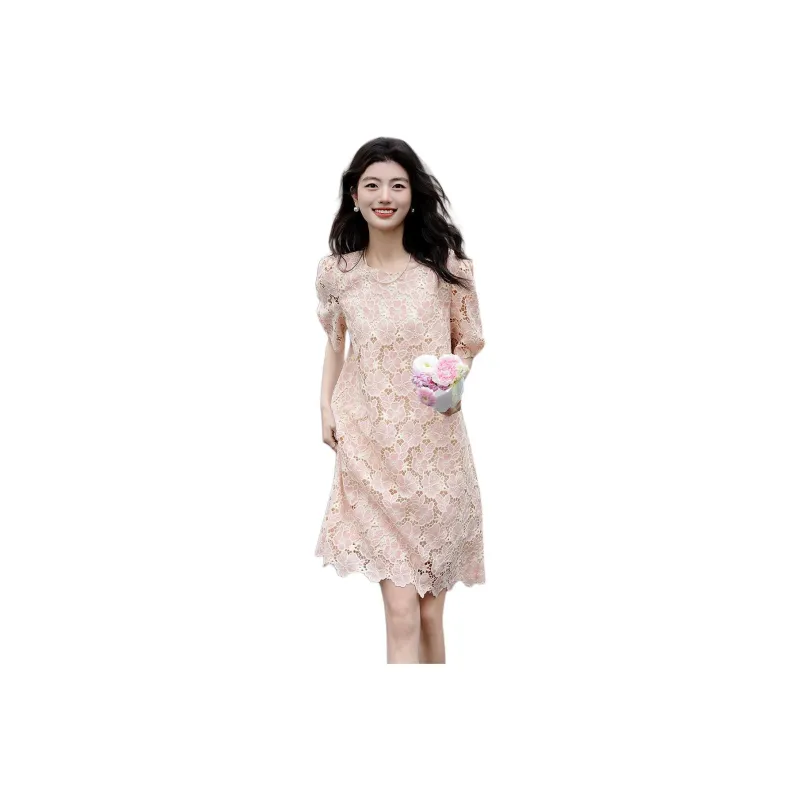 【dme】 Short Sleeved Dress Women's Leather Pink-0