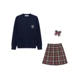 Dark Blue 100% cotton Sweater Cardigan+Festive Lanterns Checkered Skirt+Matching Checkered Bow Ties