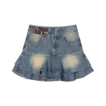 LA CRAWFISH Denim Short Skirts Women's Washed Denim Blue