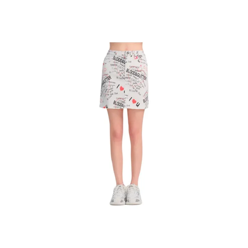 Blood Glitter Denim Short Skirts Women's White Floral-0