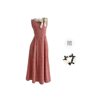TORIGHT Sleeveless Dress Women's Red Plaid+Bowknot Hair Tie Comes With