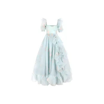 Selkie Collection SS24 Evening Dress Women's Light Blue Base With Mint Herbal Print