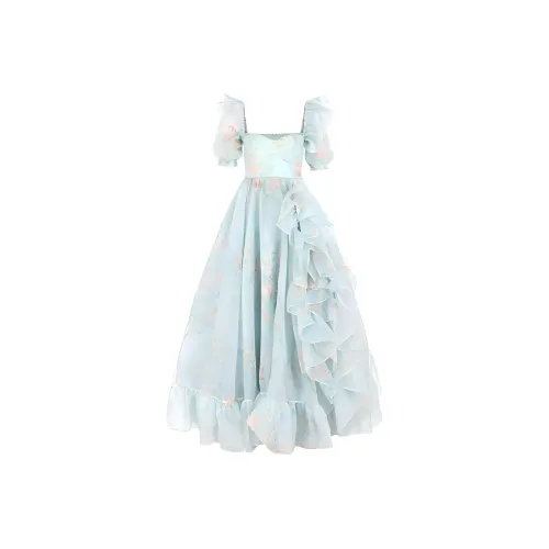 Selkie Collection SS24 Evening Dress Women's Light Blue Base With Mint Herbal Print