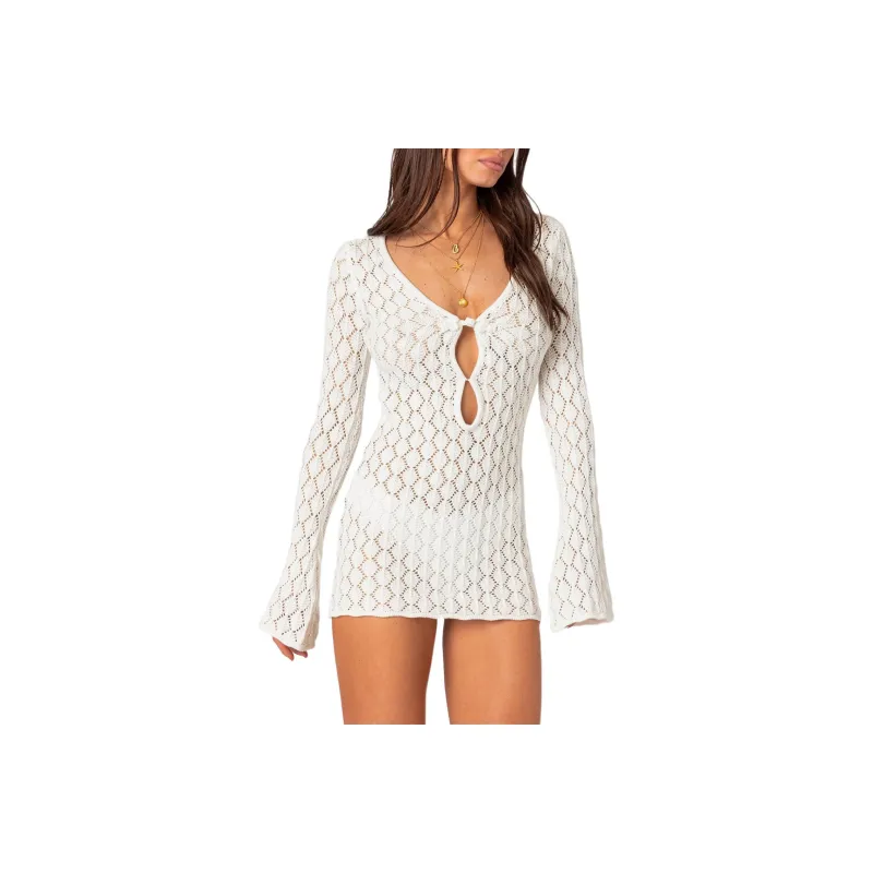 Edikted Brie Cut Out Crochet Mini Dress Long Sleeved Dress Women's-0
