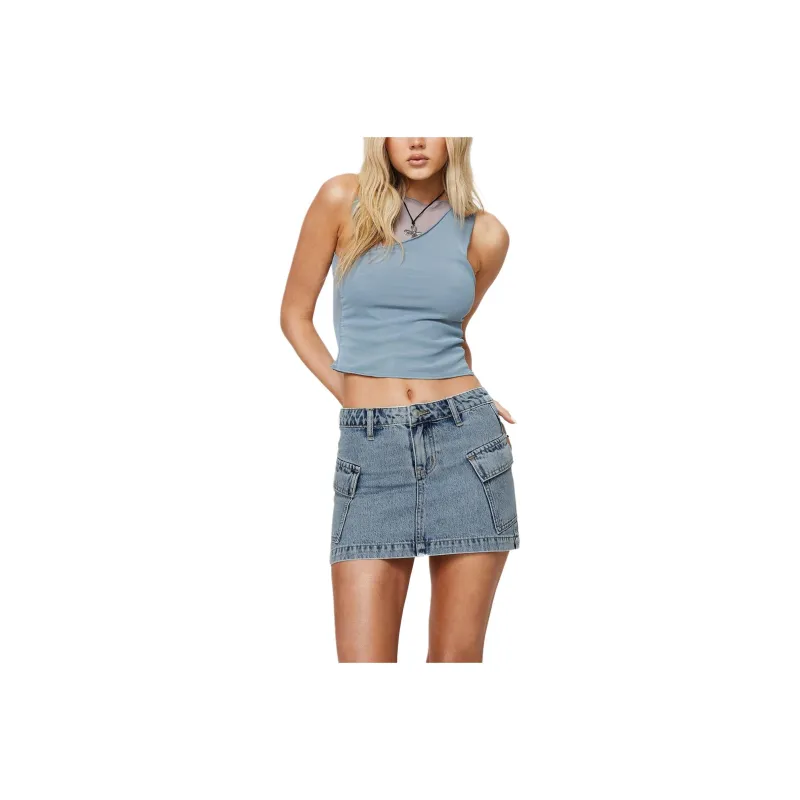PRINCESS POLLY ZAKAI CARGO DENIM MINI SKIRT Denim Short Skirts Women's Light Blue Denim/Light Blue Denim-0