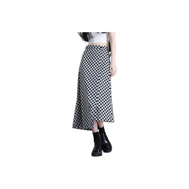 You Cow Me Pants Casual Long Skirts Women's Black White Plaid-0