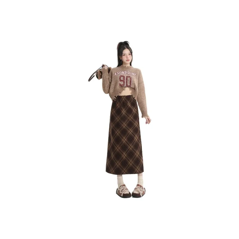 Kazakhstan Casual Long Skirts Women's Coffee Plaid-0