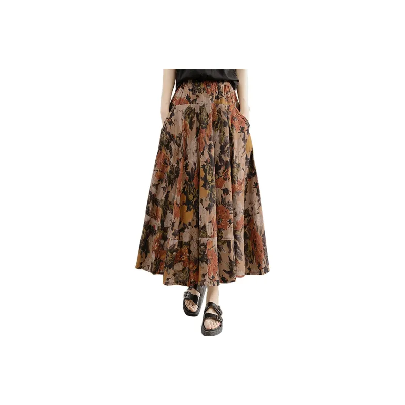 Cypress House Casual Long Skirts Women's Red And Yellow Flowers-0