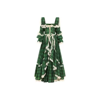 Selkie Collection FW23 Evening Dress Women's Green Plaid Tweed Print
