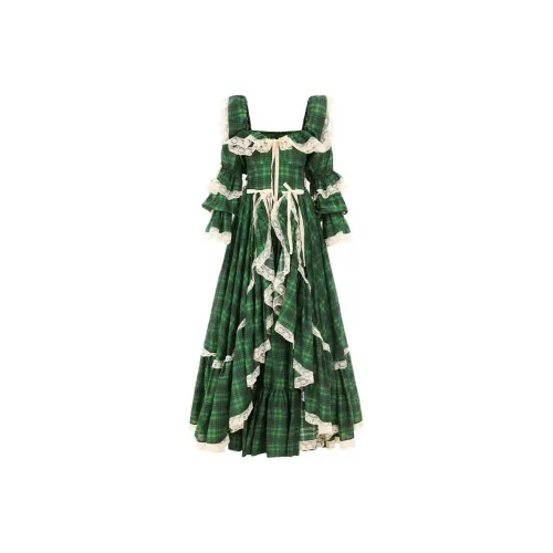 Selkie Collection FW23 Evening Dress Women's Green Plaid Tweed Print