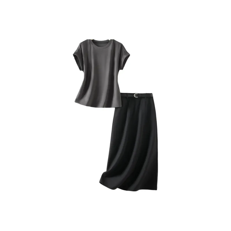 IHIMI Two Piece Skirt Sets Women's Smoke Gray+Black-0