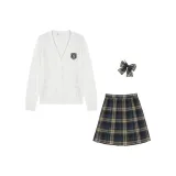 Raw White 100% cotton Sweater Cardigan+Small Teapot Plaid Skirt+Matching Plaid Bow Ties