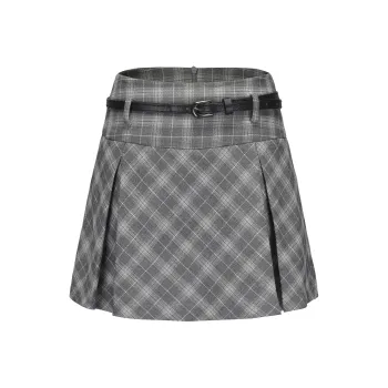 CHIWAWAMEME Casual Short Skirts Women's Gray Plaid