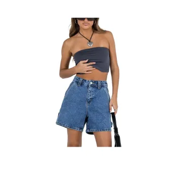 PRINCESS POLLY LOU CARPENTER DENIM SHORTS Denim Shorts Women's MID WASH/Medium Water Wash