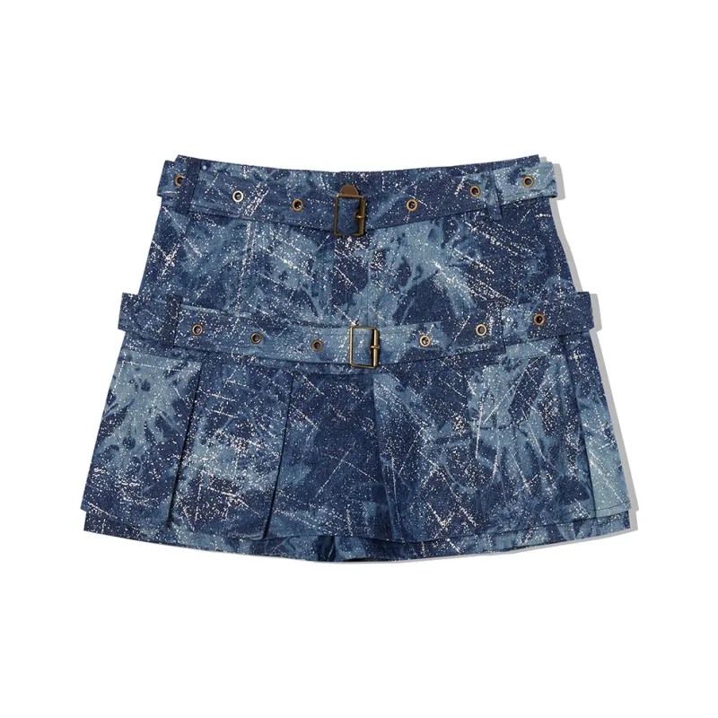 LA CRAWFISH Denim Short Skirts Women's Blue Tie Dye-0