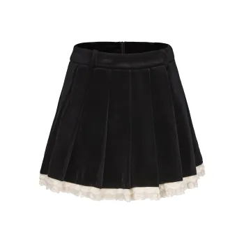 CHIWAWAMEME Casual Short Skirts Women's Velvet Black With Apricot Accents