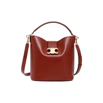 CELINE Calfskin Bucket Bag, One Shoulder Handbag Medium Size Women's Red