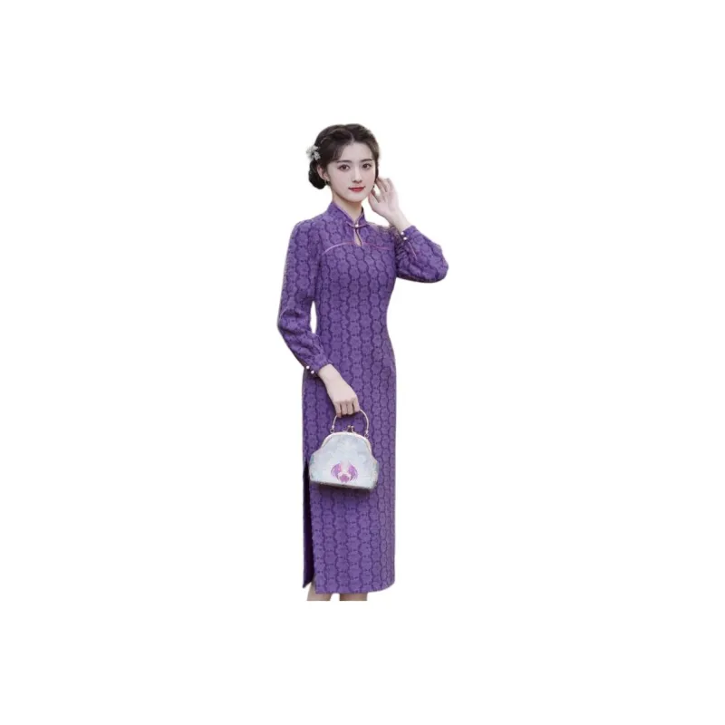 Red Colored Clothes Cheongsam Women's Purple-0
