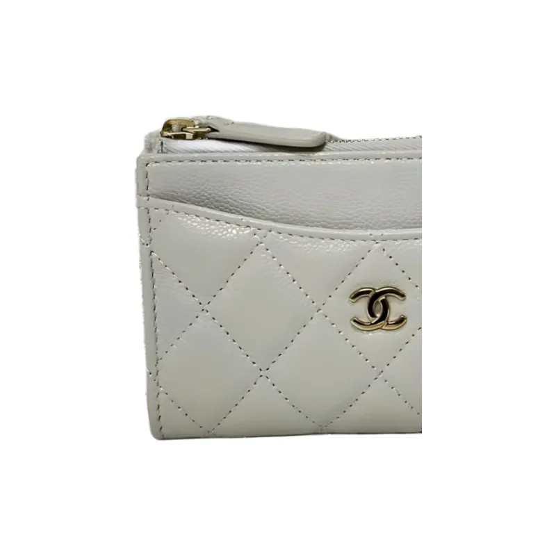 CHANEL Calfskin Coin Purse, Card Holder Women's Gray White-4
