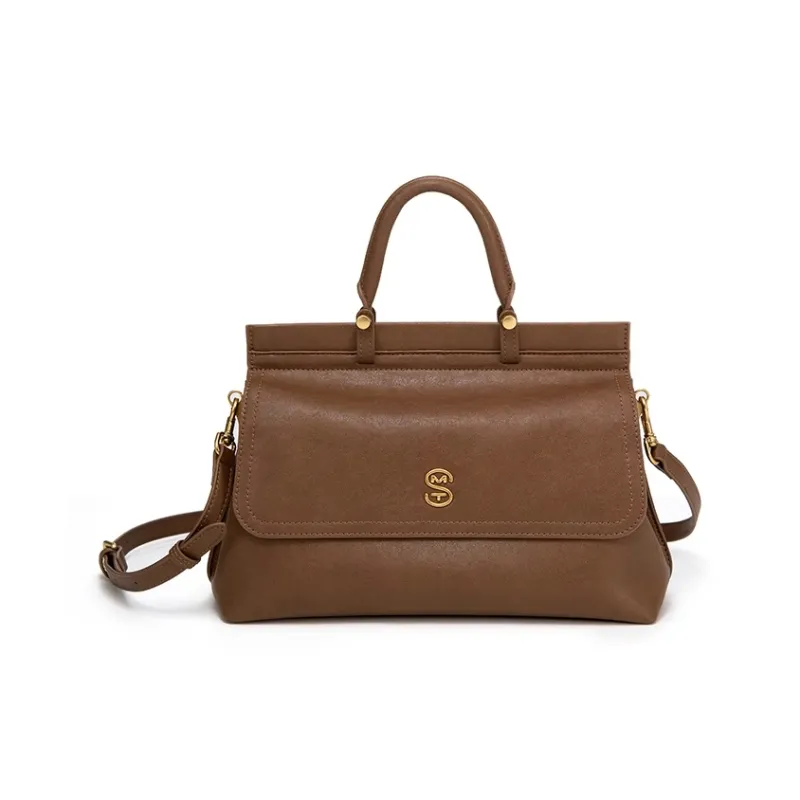 Simedin Cow Leather One Shoulder Handbag Women's Ecru/Deep Black/Caramel Brown-14