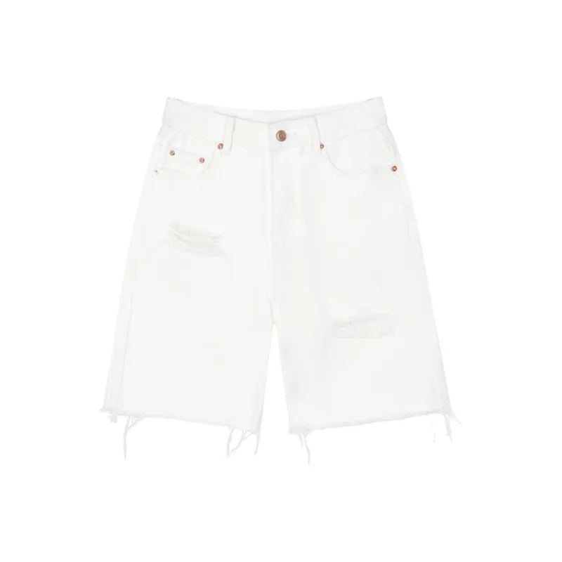 VEGA CHANG Denim Shorts Women's White Mother Of Pearl-0
